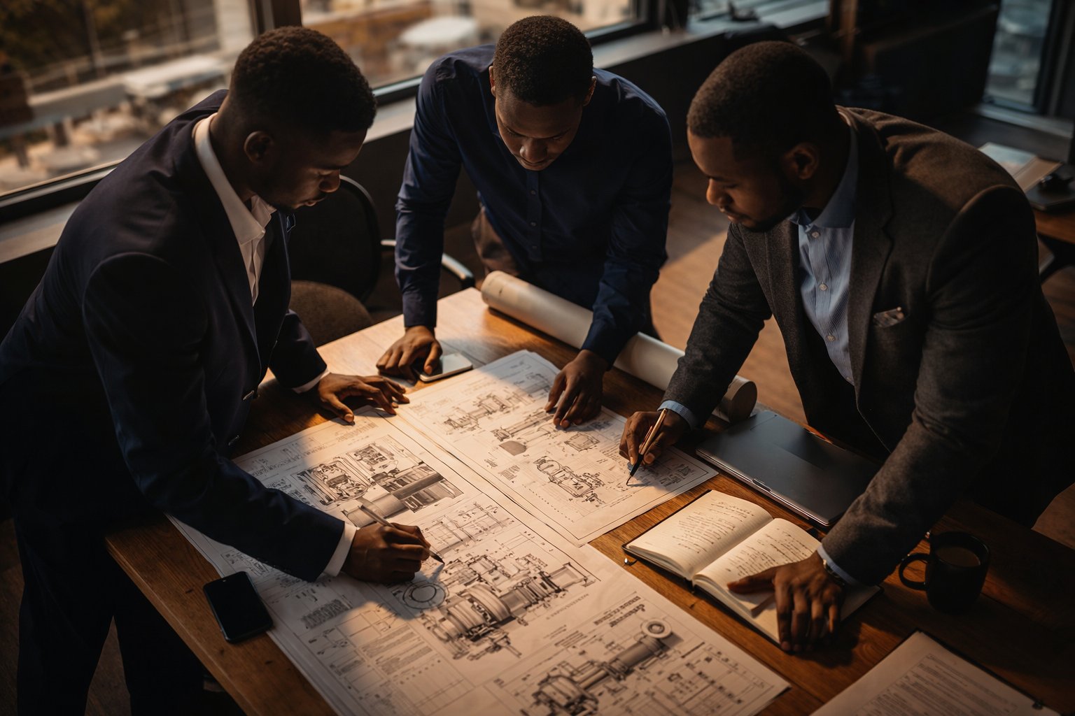 Team of engineers reviewing technical blueprints